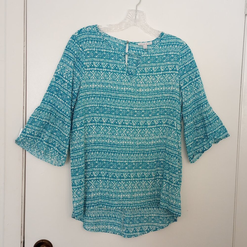 Karissa & Me Teal Blue & White Batik Print Boho Top